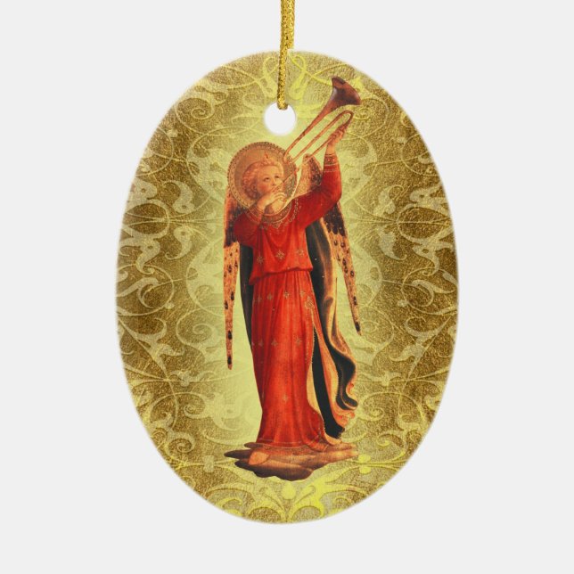 Angel with Trumpet Ceramic Tree Decoration (Front)