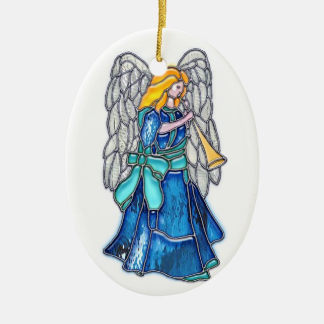 Angel with Trumpet Stained Glass Ceramic Tree Decoration (Front)