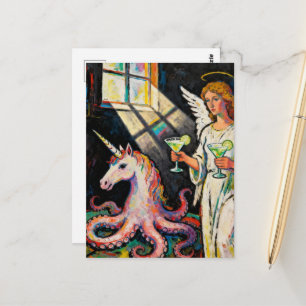 angel with two margaritas and an octopus unicorn postcard