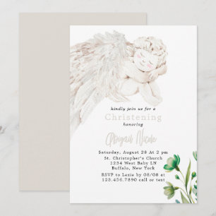 Angel with Wings Green Floral Baptism Invitation