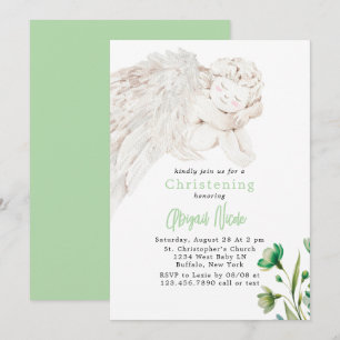 Angel with Wings Green Floral Baptism  Invitation