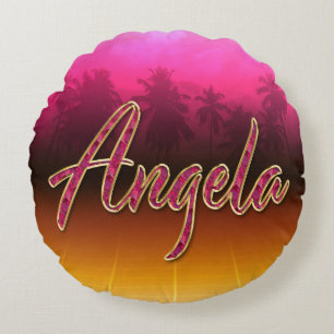 Angela First Name Golden pink cushy Round Cushion