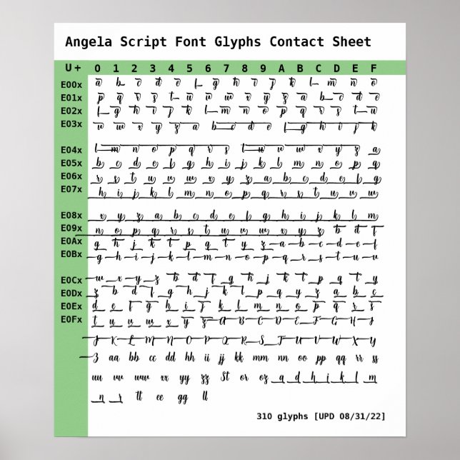 Angela Script Font Glyphs Contact Sheet Poster (Front)