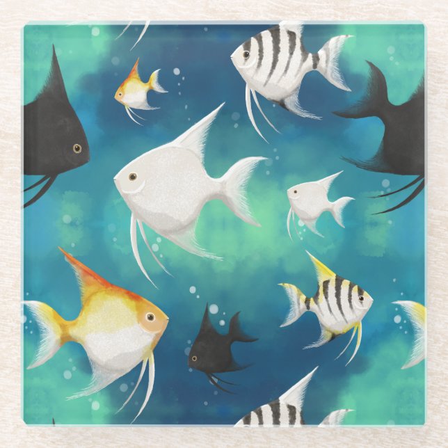 Angelfish Aquarium Pattern Glass Coaster (Front)