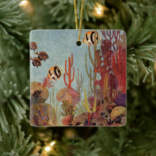 Angelfish in Coral, Vintage Tropical Fish in Ocean Ceramic Tree Decoration