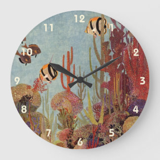 Angelfish in Coral, Vintage Tropical Fish in Ocean Large Clock