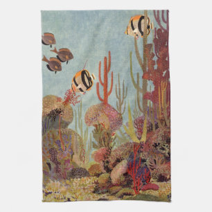 Angelfish in Coral, Vintage Tropical Fish in Ocean Tea Towel