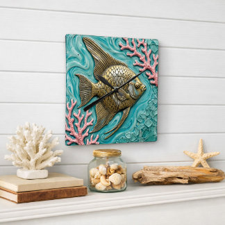Angelfish Marine Life Faux Metal  Square Wall Clock