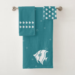 Angelfish  Ocean Teal Blue & white coastal decor Bath Towel Set