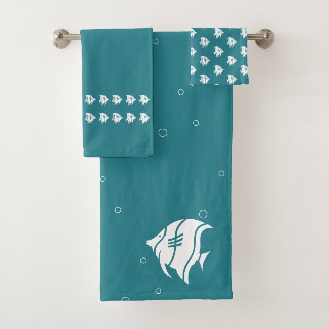 Angelfish  Ocean Teal Blue & white coastal decor Bath Towel Set (Insitu)