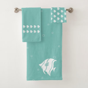 Angelfish Tidal Teal Blue & white coastal decor Bath Towel Set