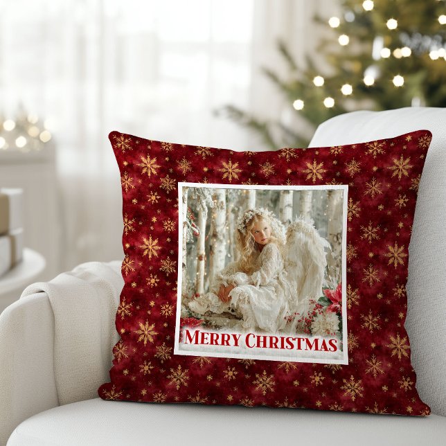 Angelic Angel Poinsettia Red Gold Festive Christma Cushion (Angelic Angel Poinsettia Red Gold Festive Christmas Pillow)