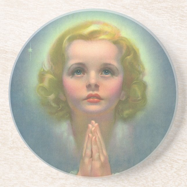 Angelic Blonde Girl with Halo and Stars Praying Coaster (Front)