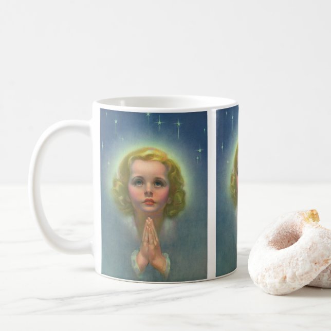 Angelic Blonde Girl with Halo and Stars Praying Coffee Mug (With Donut)