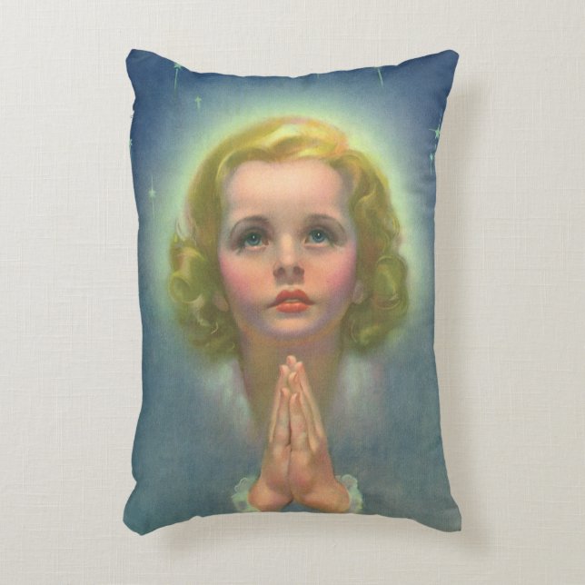 Angelic Blonde Girl with Halo and Stars Praying Decorative Cushion (Front(Vertical))