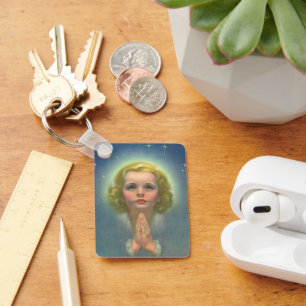 Angelic Blonde Girl with Halo and Stars Praying Key Ring