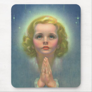 Angelic Blonde Girl with Halo and Stars Praying Mouse Mat