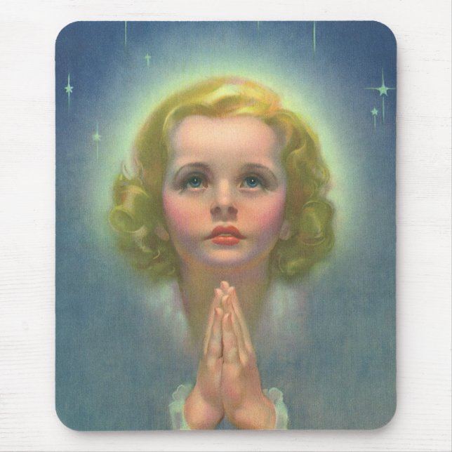 Angelic Blonde Girl with Halo and Stars Praying Mouse Mat (Front)