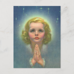 Angelic Blonde Girl with Halo and Stars Praying Postcard