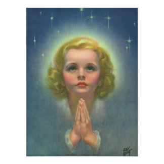 Angelic Blonde Girl with Halo and Stars Praying Poster