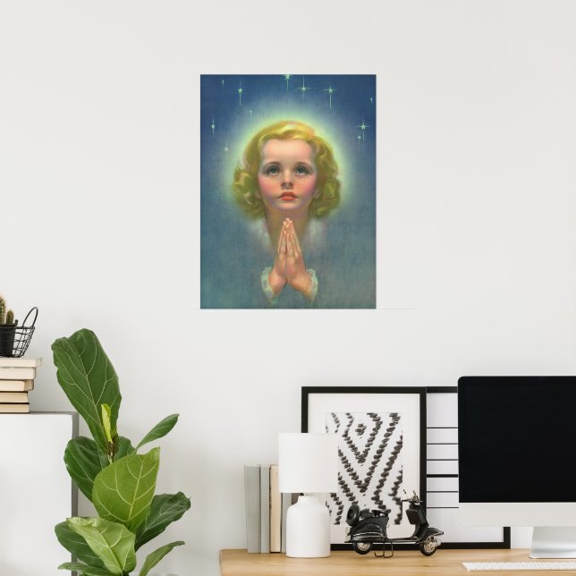 Angelic Blonde Girl with Halo and Stars Praying Poster (Home Office)