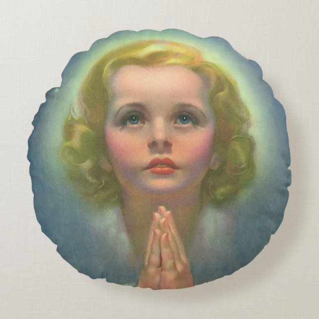 Angelic Blonde Girl with Halo and Stars Praying Round Cushion (Front)