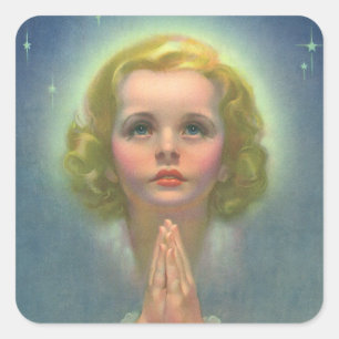 Angelic Blonde Girl with Halo and Stars Praying Square Sticker