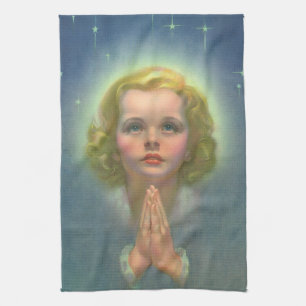 Angelic Blonde Girl with Halo and Stars Praying Tea Towel