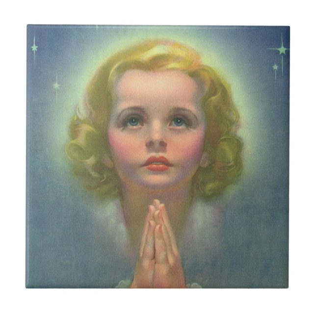 Angelic Blonde Girl with Halo and Stars Praying Tile (Front)