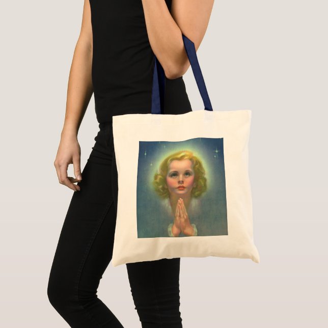 Angelic Blonde Girl with Halo and Stars Praying Tote Bag (Front (Product))