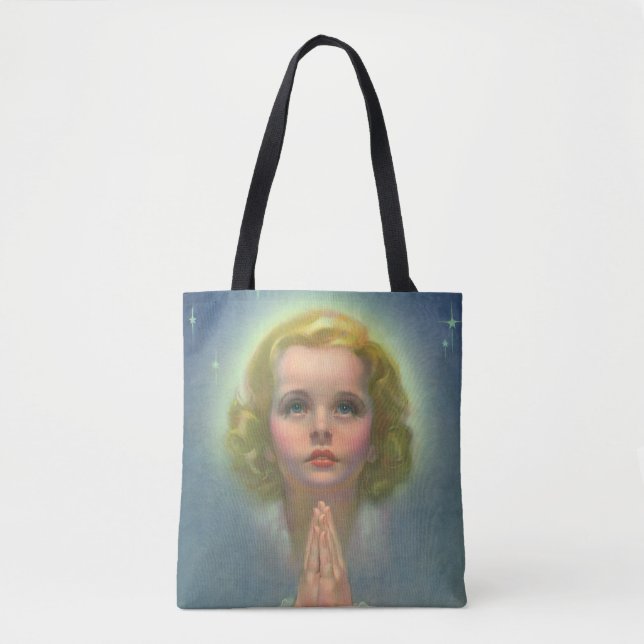 Angelic Blonde Girl with Halo and Stars Praying Tote Bag (Front)