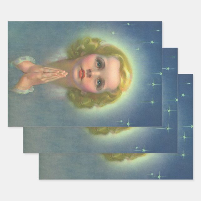 Angelic Blonde Girl with Halo and Stars Praying Wrapping Paper Sheet (Set)