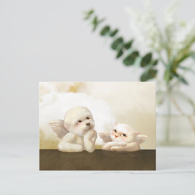 Angelic Dog and Cat on Cloud Announcement Postcard (Standing Front)