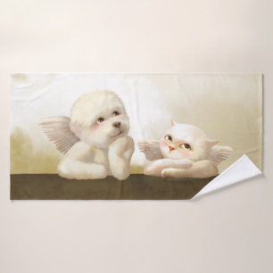 Angelic Dog and Cat on Cloud Bath Towel