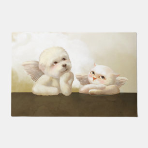 Angelic Dog and Cat on Cloud Doormat