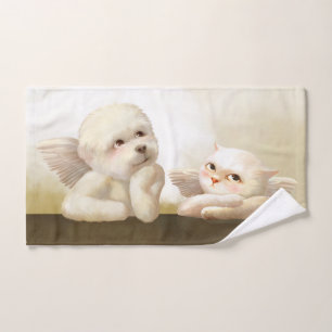 Angelic Dog and Cat on Cloud Hand Towel