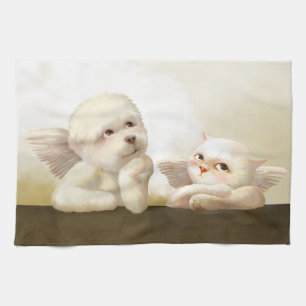 Angelic Dog and Cat on Cloud Tea Towel