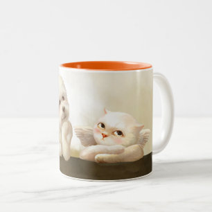 Angelic Dog and Cat on Cloud Two-Tone Coffee Mug