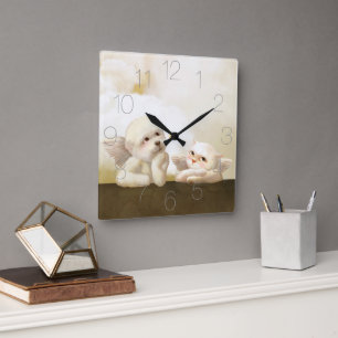 Angelic Duo: Smiling Bichon & Bao Bao Cloud Square Wall Clock