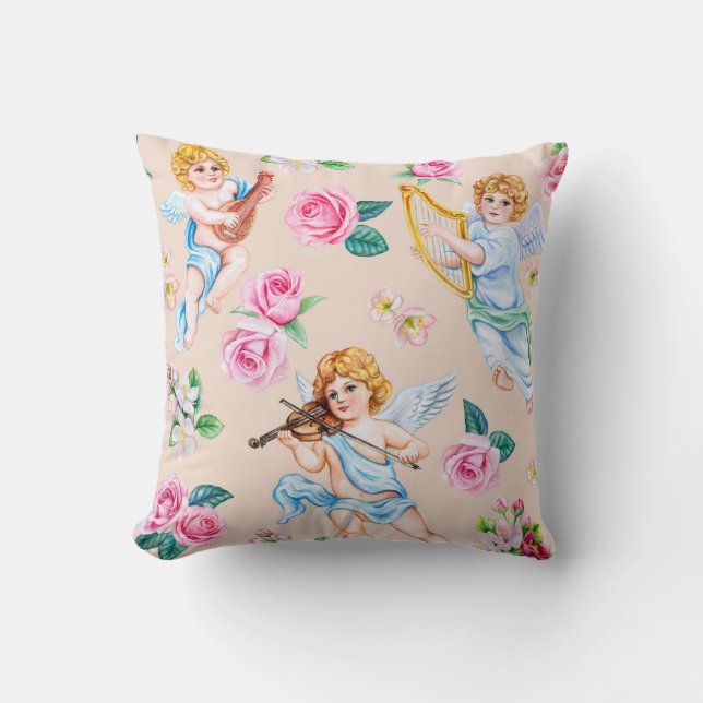 Angelic Florals: Vintage Cupid Pattern Cushion (Front)