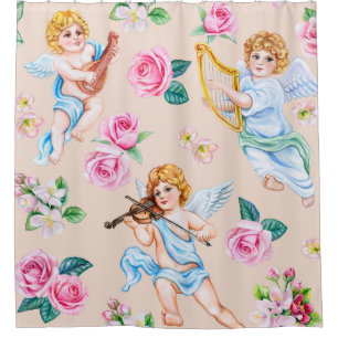 Angelic Florals: Vintage Cupid Pattern Shower Curtain