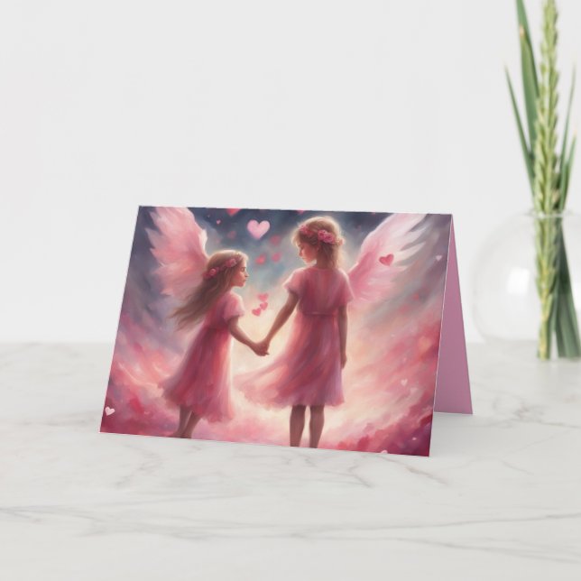 Angelic looking little girls hold hands Valentines Card (Front)
