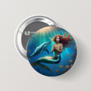 Angelic Mermaid Swimming With Dolphins, 6 Cm Round Badge