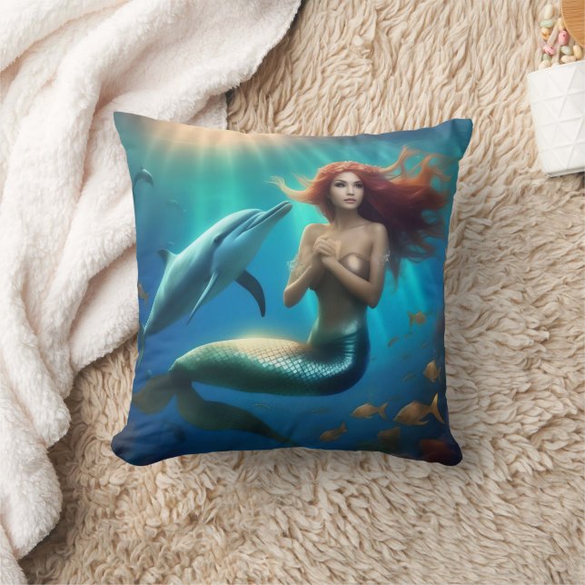 Angelic Mermaid Swimming With Dolphins, Cushion (Blanket)