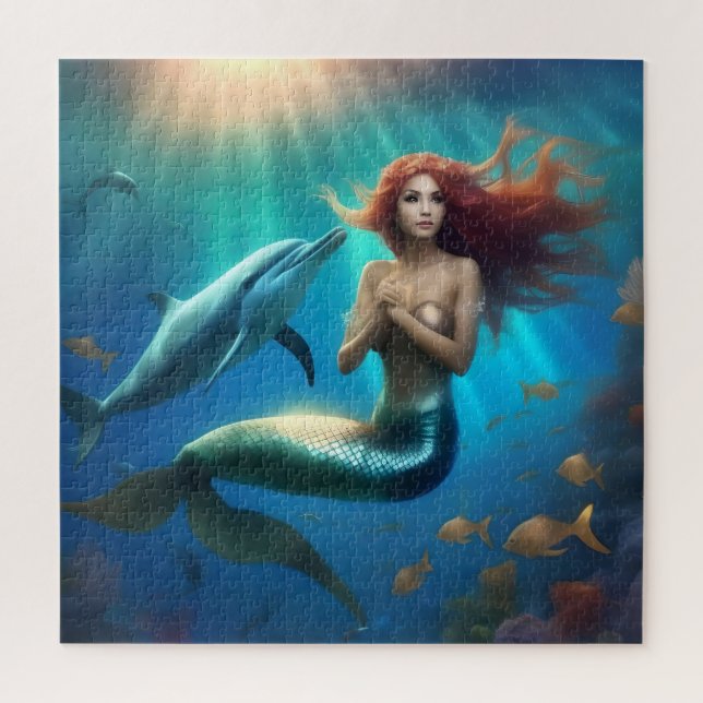 Angelic Mermaid Swimming With Dolphins, Jigsaw Puzzle (Vertical)