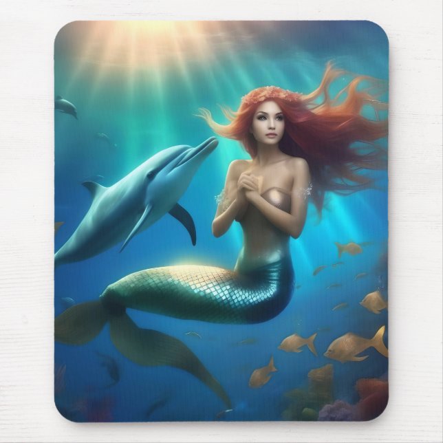 Angelic Mermaid Swimming With Dolphins, Mouse Mat (Front)