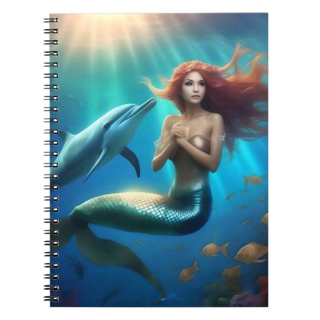 Angelic Mermaid Swimming With Dolphins, Notebook (Front)