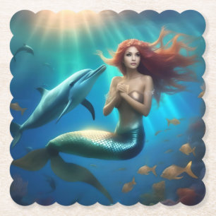 Angelic Mermaid Swimming With Dolphins, Paper Coaster
