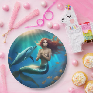 Angelic Mermaid Swimming With Dolphins, Paper Plate