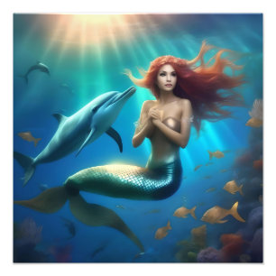 Angelic Mermaid Swimming With Dolphins, Photo Print